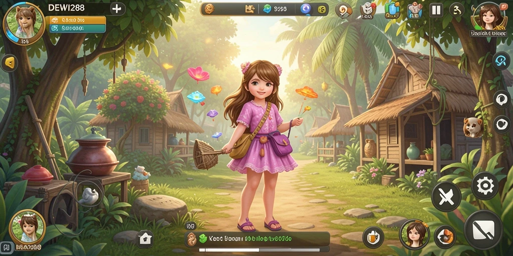 Tampilan gameplay DEWI288 dengan aktivitas simulasi yang penuh warna.