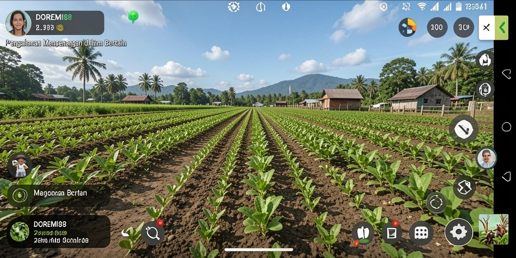 Screenshot gameplay DOREMI88 yang menampilkan kebun yang subur dan hewan ternak.