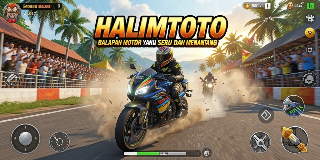 Screenshot gameplay HALIMTOTO dengan balapan motor yang seru.